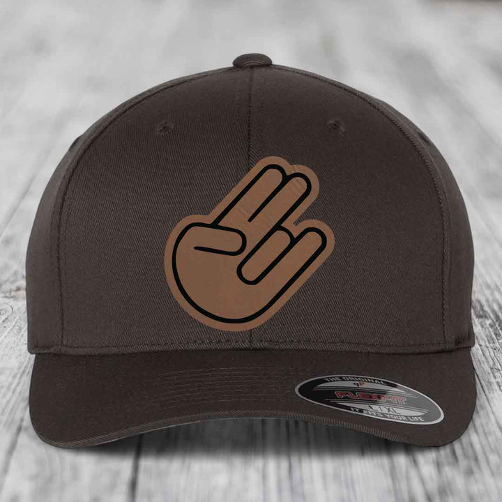 The Shocker - Leather Patch Hat - Dark Brown to Black Patch - Flexfit 6277 Fitted Hat