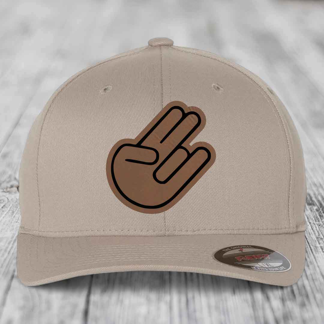 The Shocker - Leather Patch Hat - Dark Brown to Black Patch - Flexfit 6277 Fitted Hat