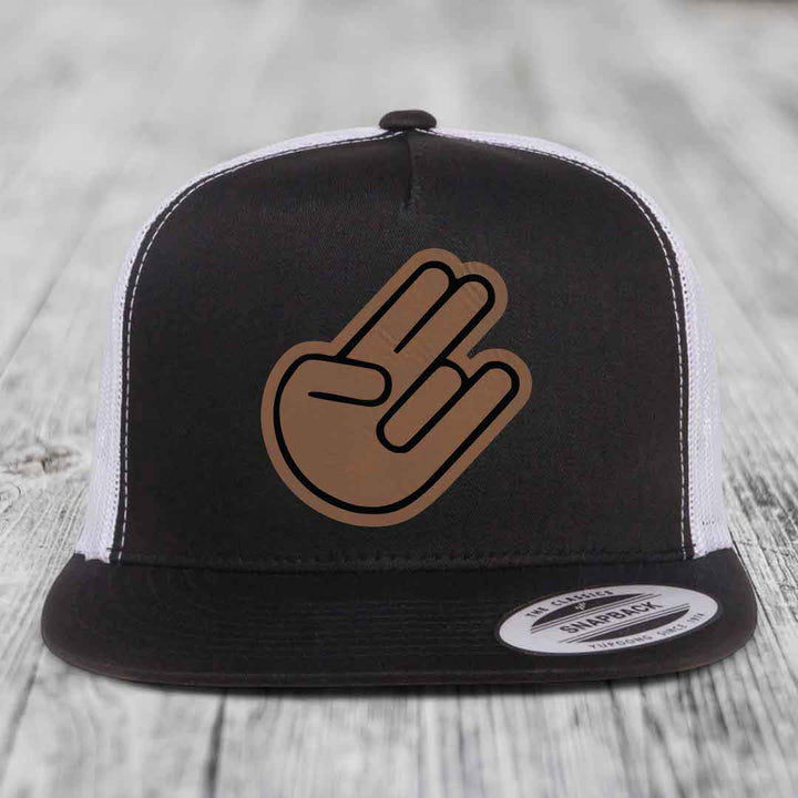 The Shocker - Leather Patch Hat - Dark Brown to Black Patch - Yupoong 6006 Snapback Flatbill Hat