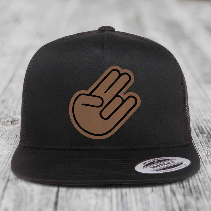 The Shocker - Leather Patch Hat - Dark Brown to Black Patch - Yupoong 6006 Snapback Flatbill Hat
