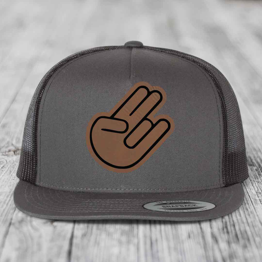 The Shocker - Leather Patch Hat - Dark Brown to Black Patch - Yupoong 6006 Snapback Flatbill Hat