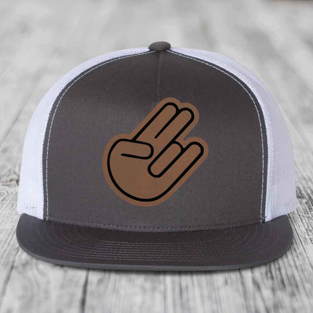 The Shocker - Leather Patch Hat - Dark Brown to Black Patch - Yupoong 6006 Snapback Flatbill Hat