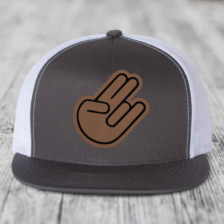 The Shocker - Leather Patch Hat - Dark Brown to Black Patch - Yupoong 6006 Snapback Flatbill Hat