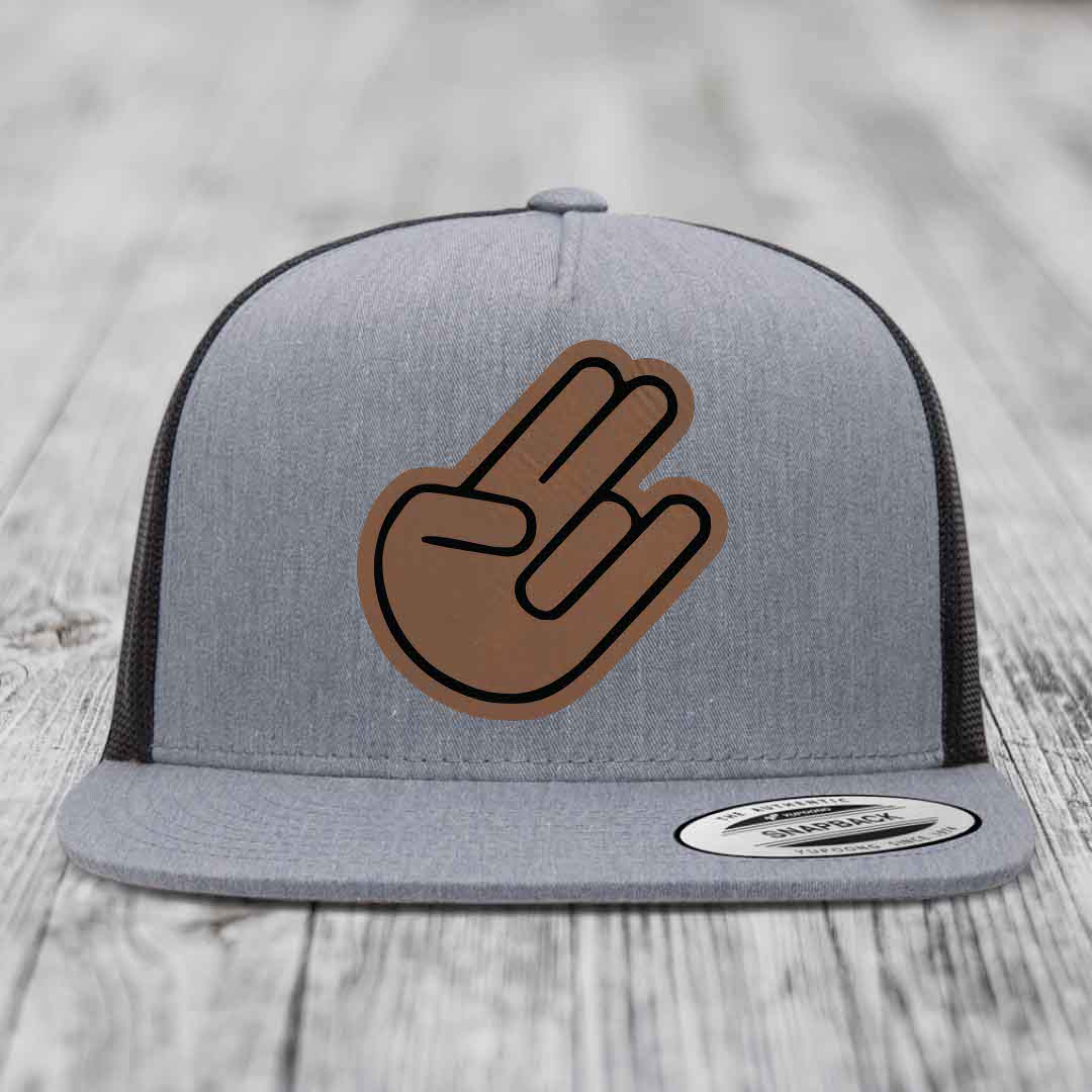 The Shocker - Leather Patch Hat - Dark Brown to Black Patch - Yupoong 6006 Snapback Flatbill Hat