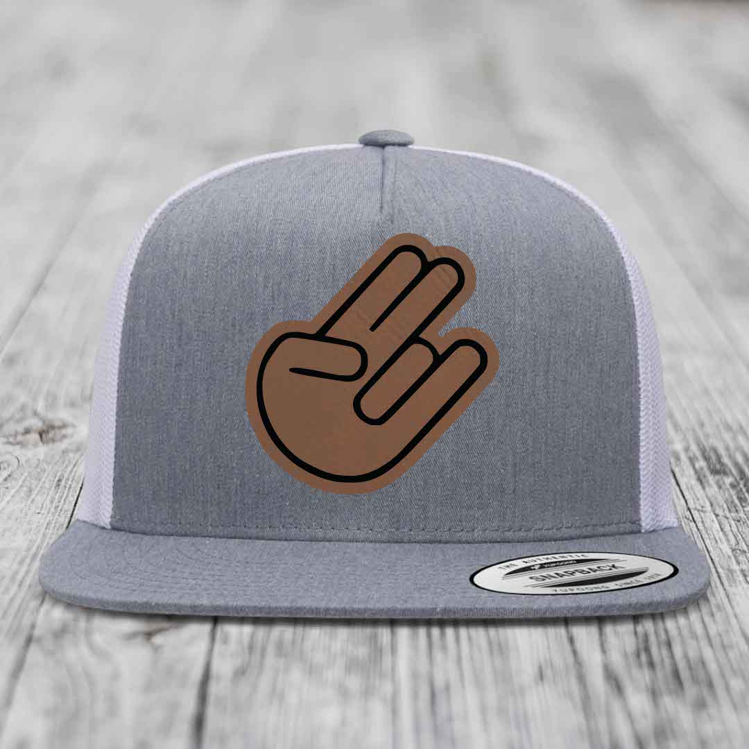 The Shocker - Leather Patch Hat - Dark Brown to Black Patch - Yupoong 6006 Snapback Flatbill Hat