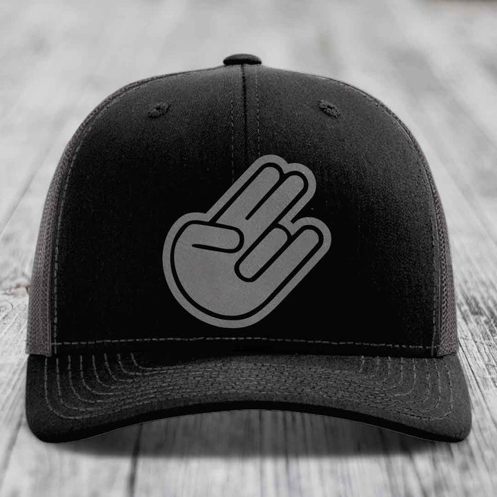 The Shocker - Leather Patch Hat - Grey to Black Patch - Richardson 112 Snapback Trucker Hat