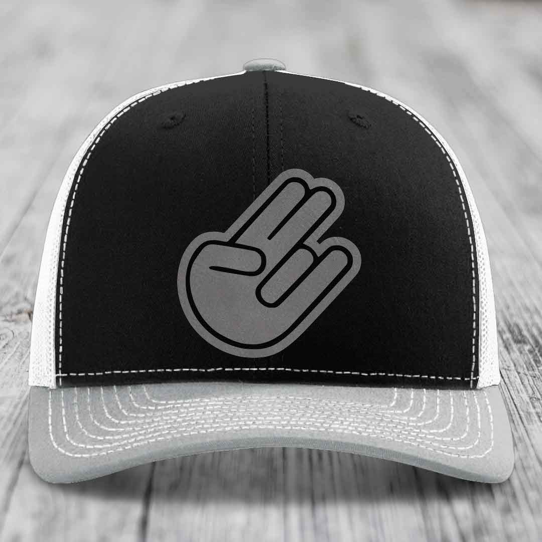 The Shocker - Leather Patch Hat - Grey to Black Patch - Richardson 112 Snapback Trucker Hat