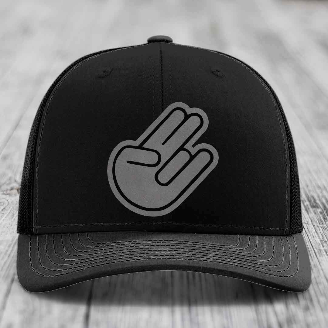 The Shocker - Leather Patch Hat - Grey to Black Patch - Richardson 112 Snapback Trucker Hat