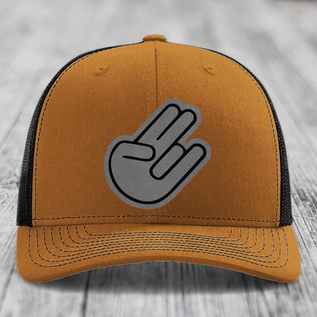 The Shocker - Leather Patch Hat - Grey to Black Patch - Richardson 112 Snapback Trucker Hat
