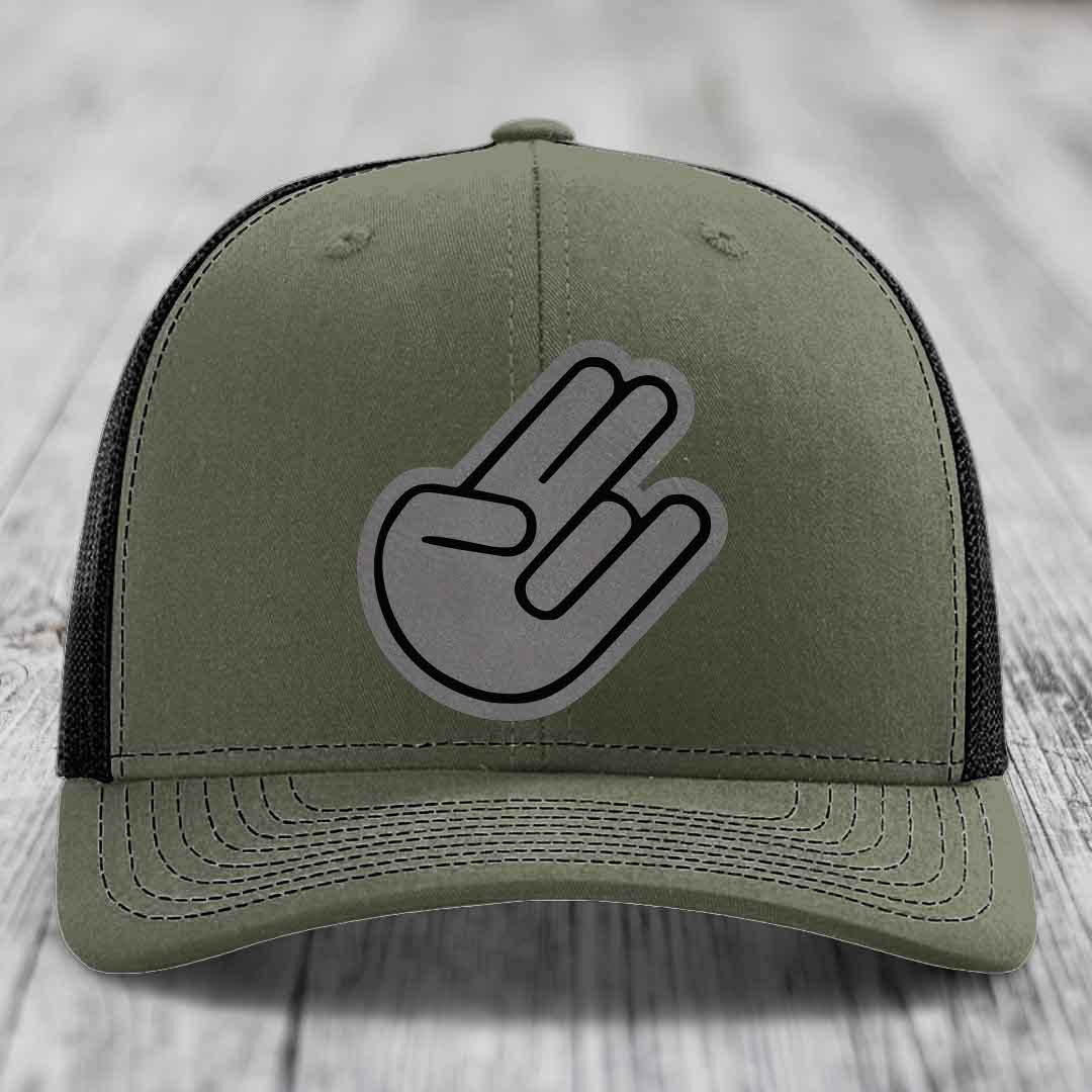 The Shocker - Leather Patch Hat - Grey to Black Patch - Richardson 112 Snapback Trucker Hat
