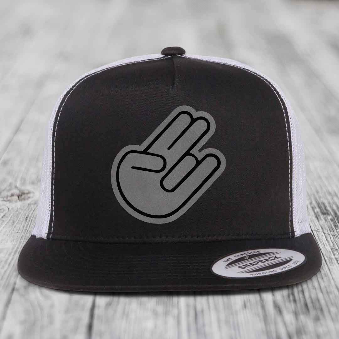 The Shocker - Leather Patch Hat - Grey to Black Patch - Yupoong 6006 Snapback Flatbill Hat