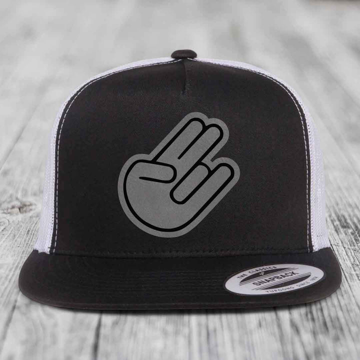 The Shocker - Leather Patch Hat - Grey to Black Patch - Yupoong 6006 Snapback Flatbill Hat