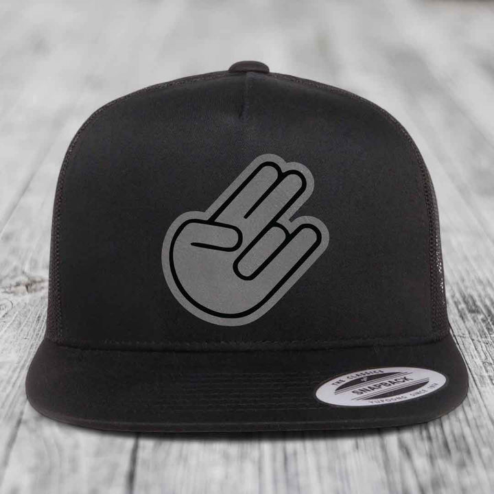 The Shocker - Leather Patch Hat - Grey to Black Patch - Yupoong 6006 Snapback Flatbill Hat
