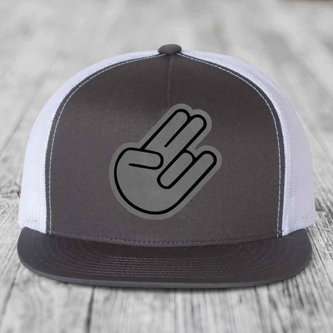 The Shocker - Leather Patch Hat - Grey to Black Patch - Yupoong 6006 Snapback Flatbill Hat