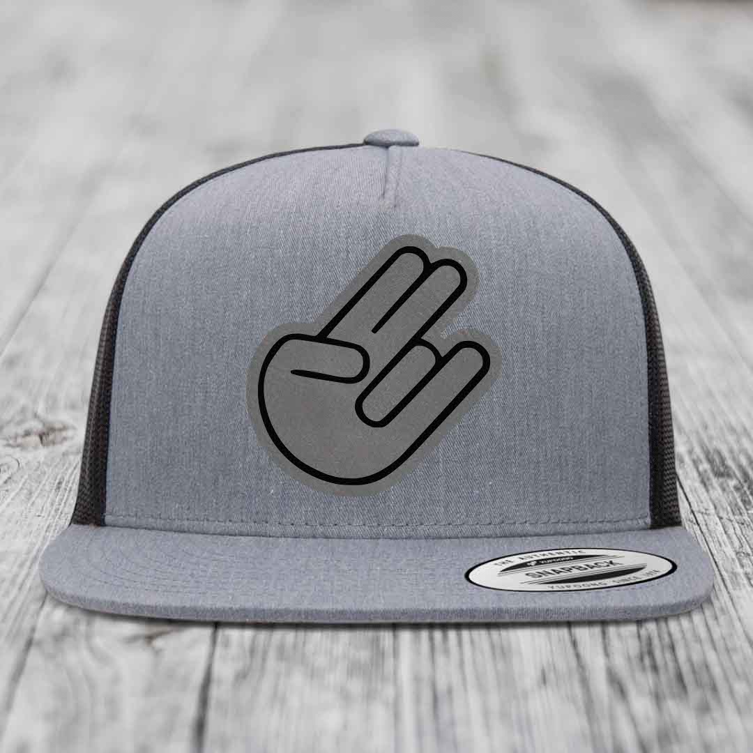 The Shocker - Leather Patch Hat - Grey to Black Patch - Yupoong 6006 Snapback Flatbill Hat