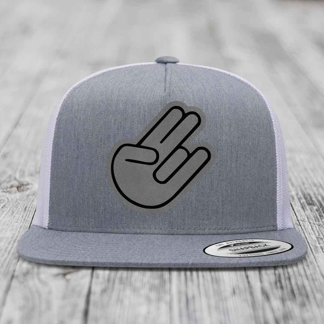 The Shocker - Leather Patch Hat - Grey to Black Patch - Yupoong 6006 Snapback Flatbill Hat