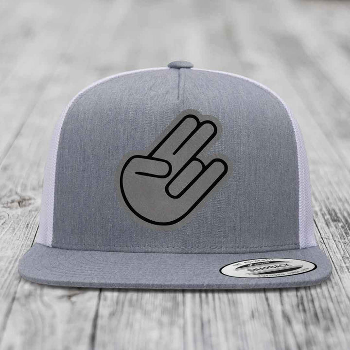 The Shocker - Leather Patch Hat - Grey to Black Patch - Yupoong 6006 Snapback Flatbill Hat