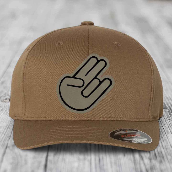 The Shocker - Leather Patch Hat - Light Brown to Black Patch - Flexfit 6277 Fitted Hat