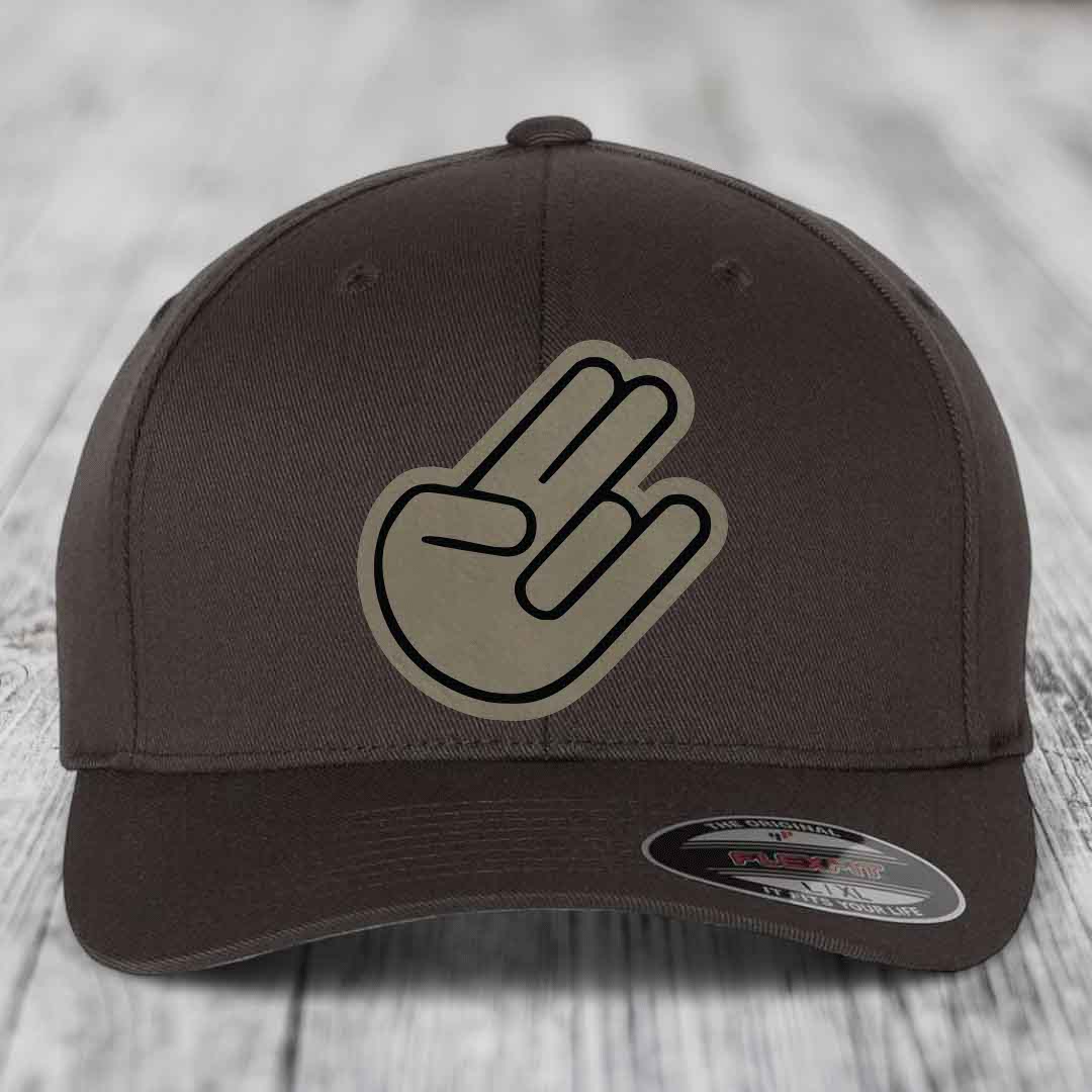 The Shocker - Leather Patch Hat - Light Brown to Black Patch - Flexfit 6277 Fitted Hat