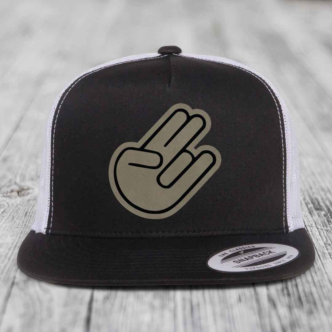 The Shocker - Leather Patch Hat - Light Brown to Black Patch - Yupoong 6006 Snapback Flatbill Hat