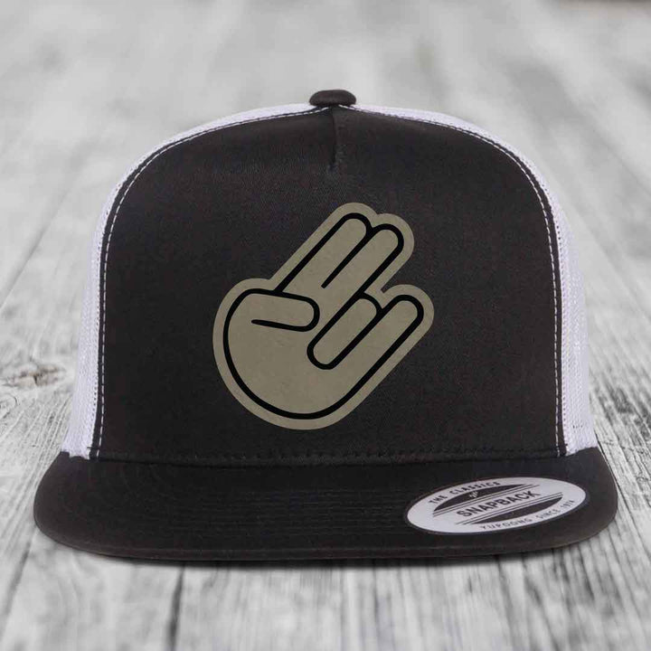 The Shocker - Leather Patch Hat - Light Brown to Black Patch - Yupoong 6006 Snapback Flatbill Hat