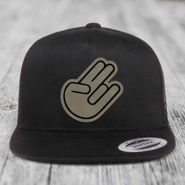 The Shocker - Leather Patch Hat - Light Brown to Black Patch - Yupoong 6006 Snapback Flatbill Hat