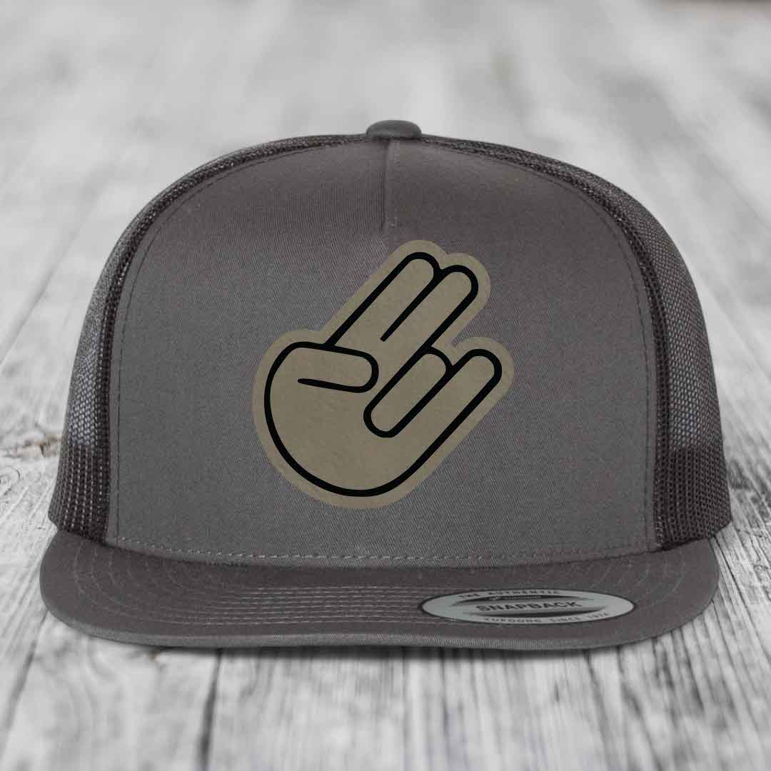 The Shocker - Leather Patch Hat - Light Brown to Black Patch - Yupoong 6006 Snapback Flatbill Hat