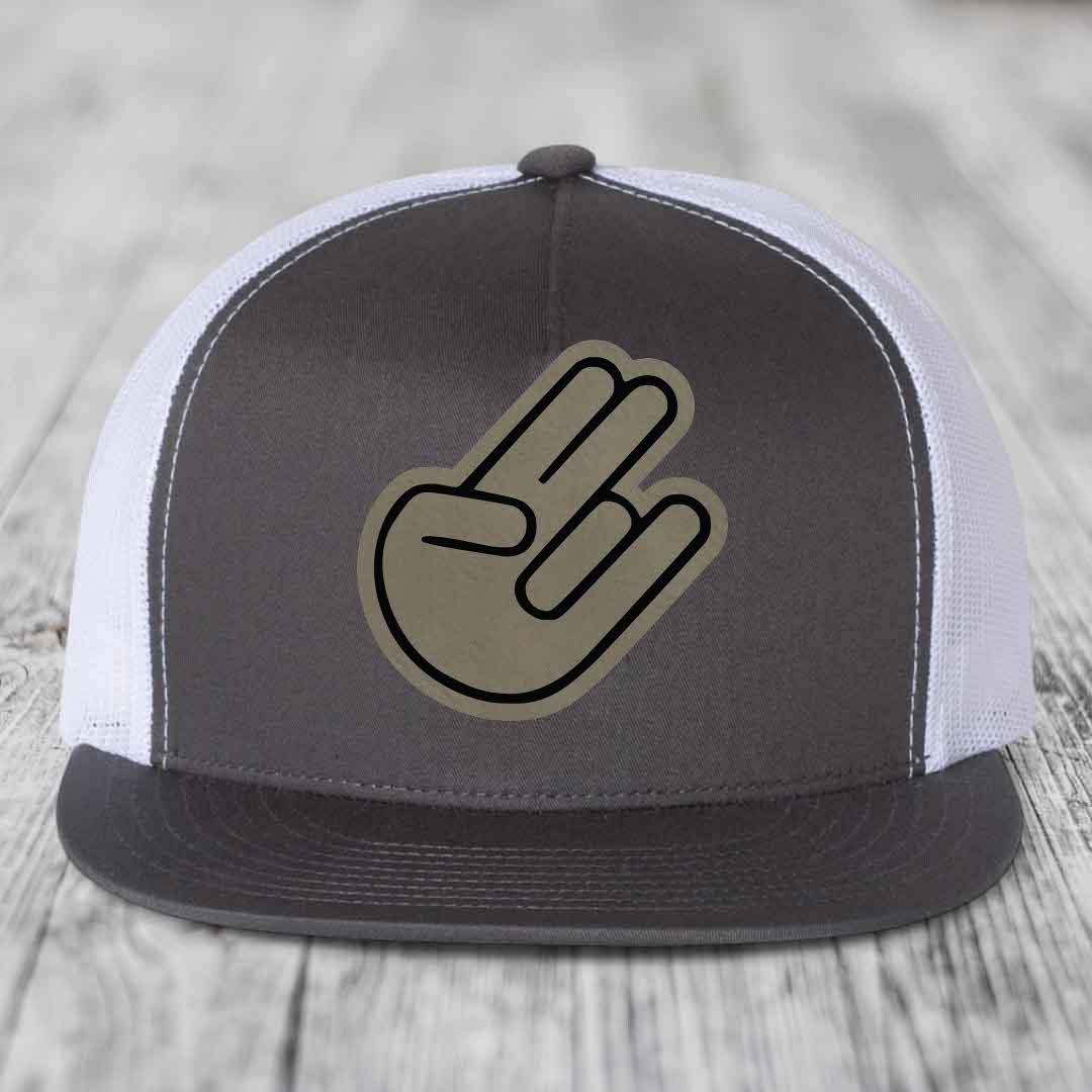 The Shocker - Leather Patch Hat - Light Brown to Black Patch - Yupoong 6006 Snapback Flatbill Hat
