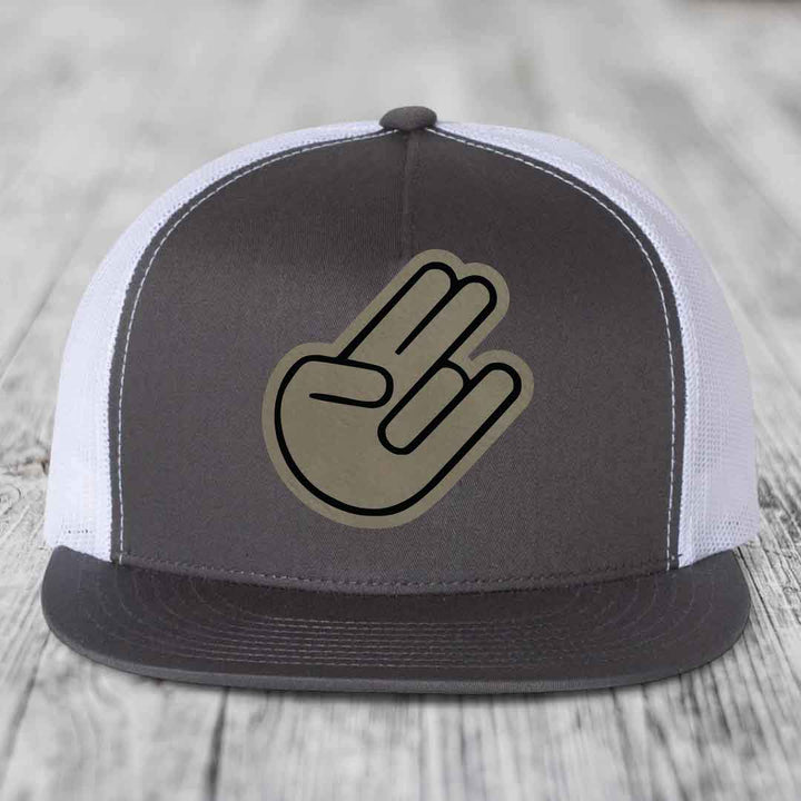 The Shocker - Leather Patch Hat - Light Brown to Black Patch - Yupoong 6006 Snapback Flatbill Hat
