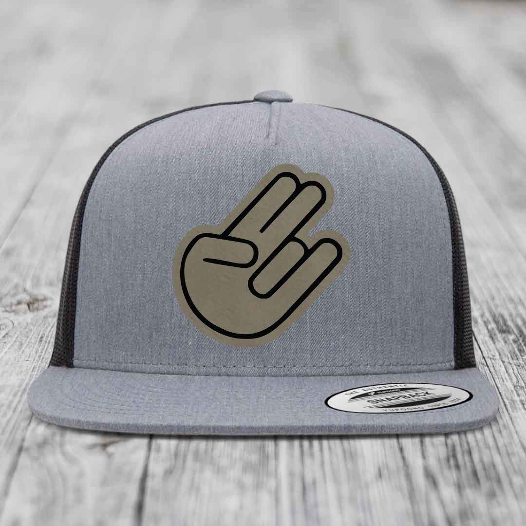 The Shocker - Leather Patch Hat - Light Brown to Black Patch - Yupoong 6006 Snapback Flatbill Hat