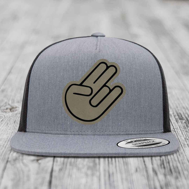 The Shocker - Leather Patch Hat - Light Brown to Black Patch - Yupoong 6006 Snapback Flatbill Hat