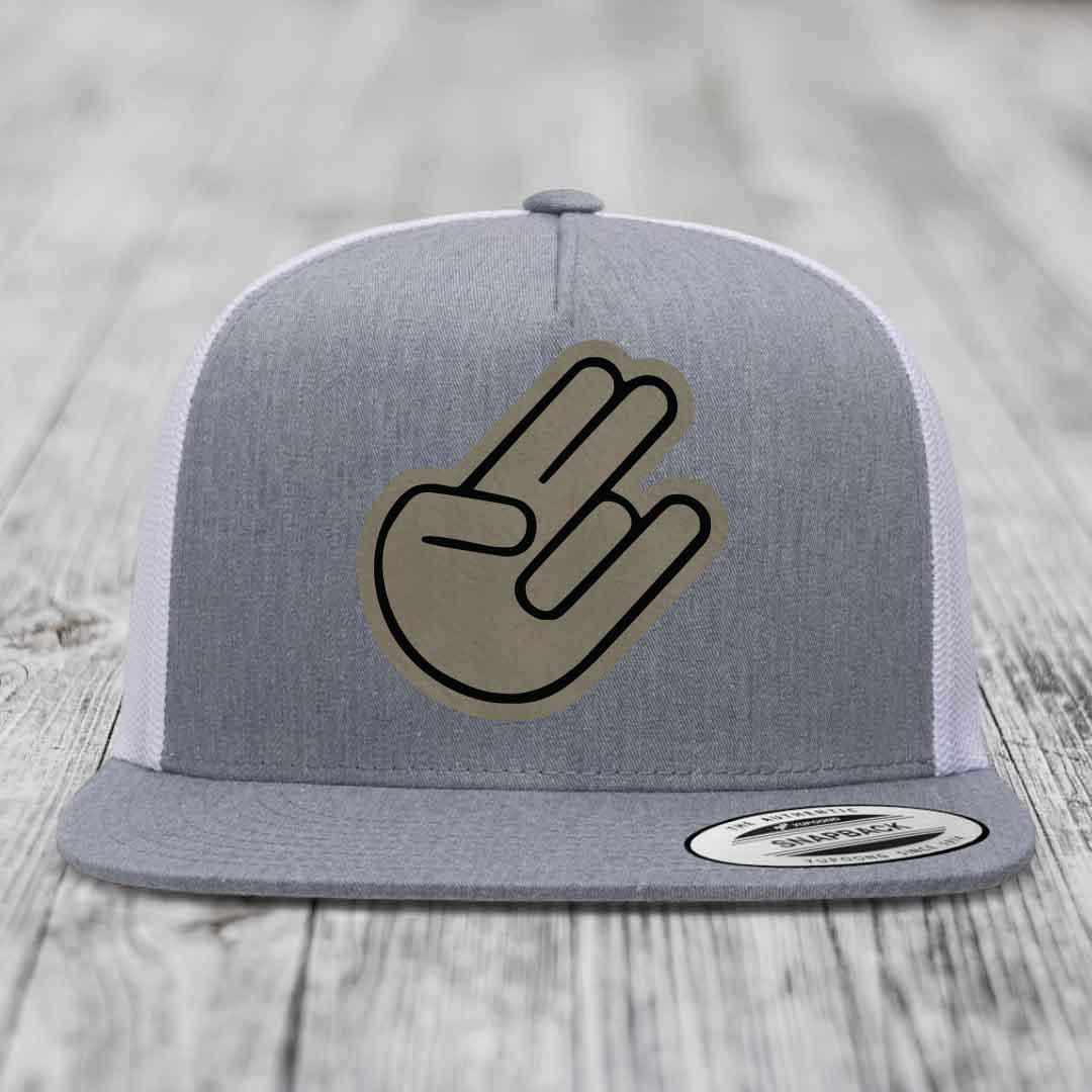 The Shocker - Leather Patch Hat - Light Brown to Black Patch - Yupoong 6006 Snapback Flatbill Hat