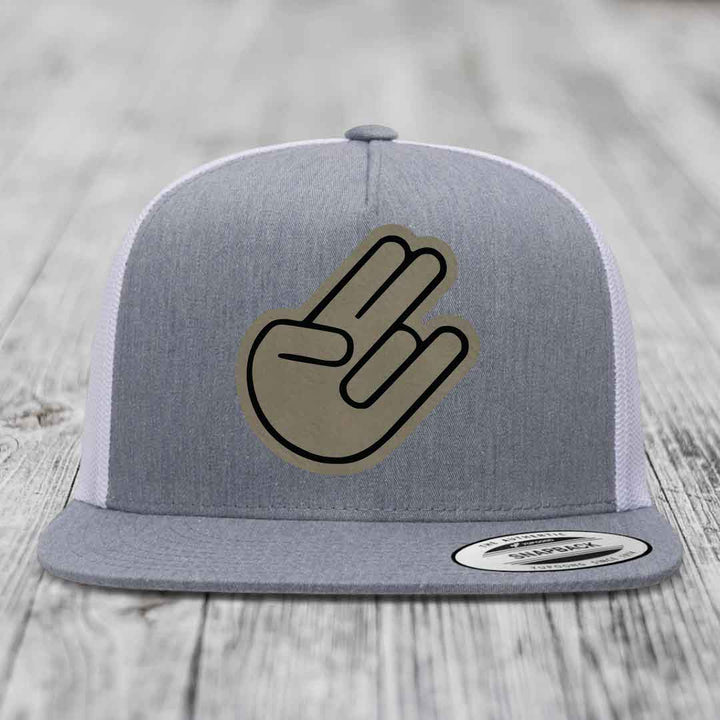 The Shocker - Leather Patch Hat - Light Brown to Black Patch - Yupoong 6006 Snapback Flatbill Hat