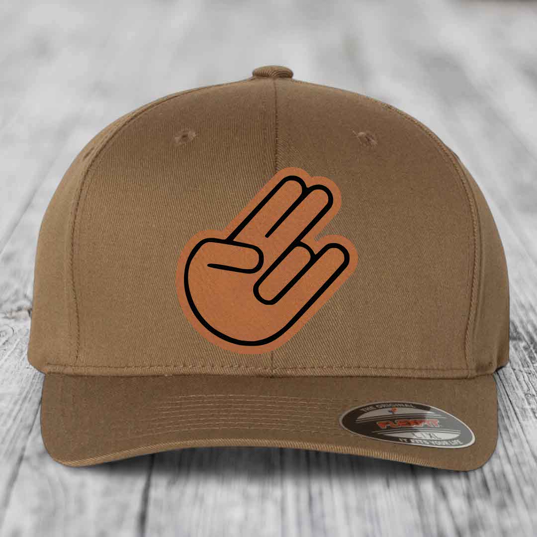 The Shocker - Leather Patch Hat - Rawhide to Black Patch - Flexfit 6277 Fitted Hat