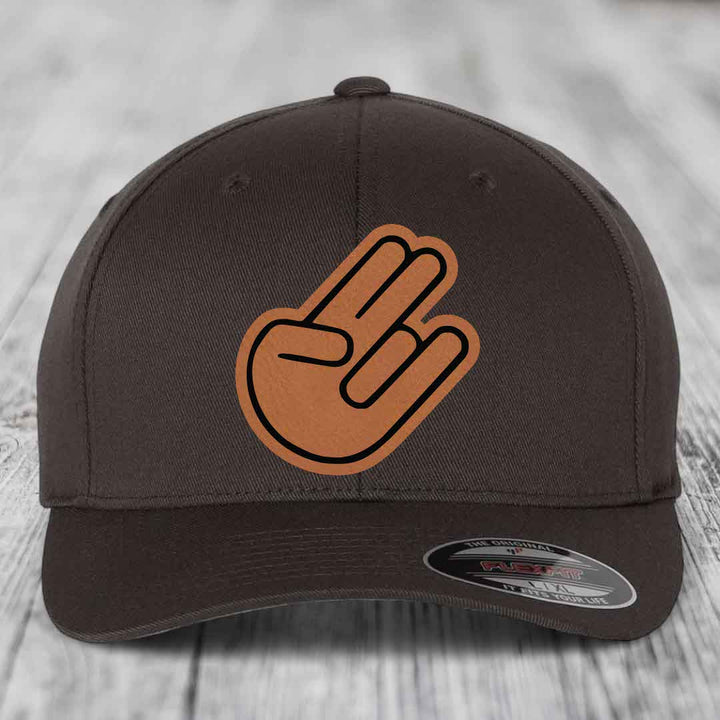 The Shocker - Leather Patch Hat - Rawhide to Black Patch - Flexfit 6277 Fitted Hat