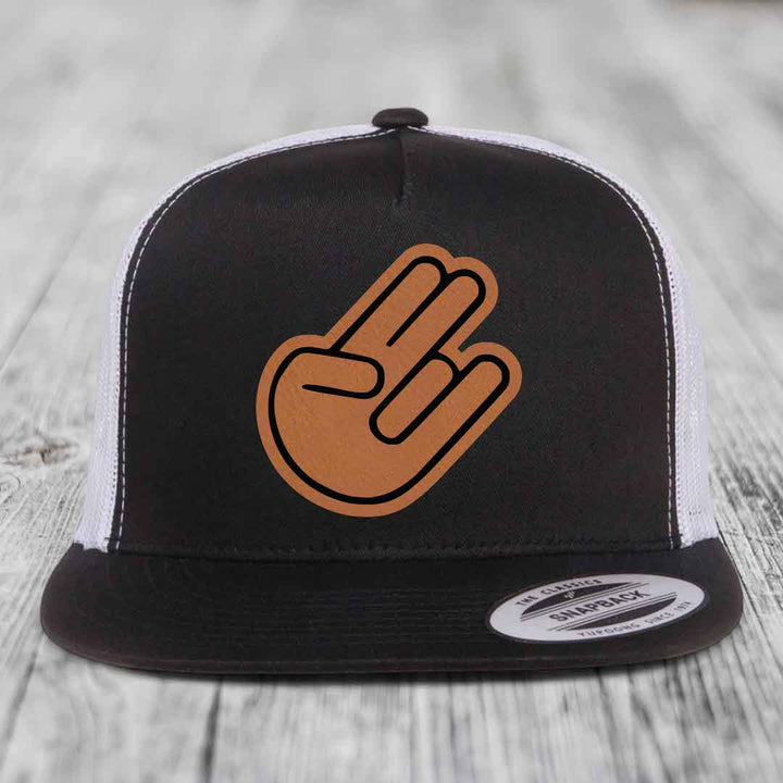 The Shocker - Leather Patch Hat - Rawhide to Black Patch - Yupoong 6006 Snapback Flatbill Hat