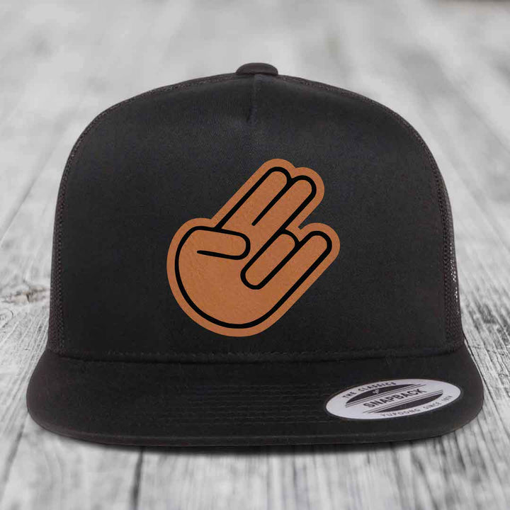 The Shocker - Leather Patch Hat - Rawhide to Black Patch - Yupoong 6006 Snapback Flatbill Hat