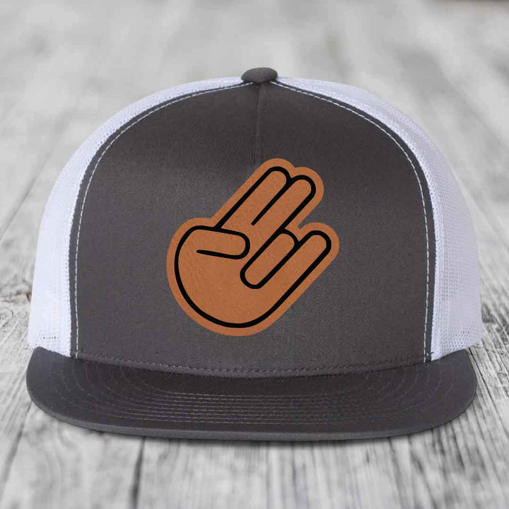 The Shocker - Leather Patch Hat - Rawhide to Black Patch - Yupoong 6006 Snapback Flatbill Hat