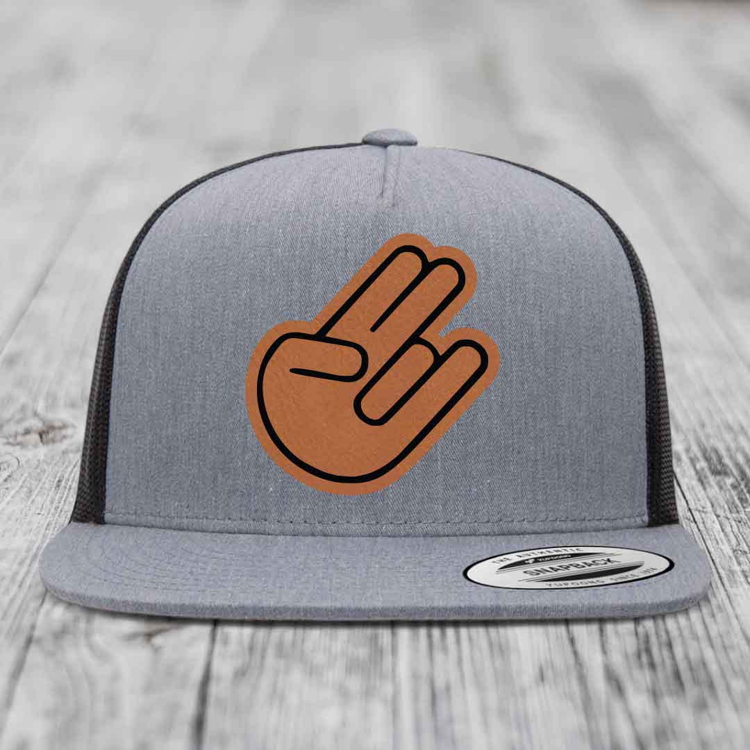 The Shocker - Leather Patch Hat - Rawhide to Black Patch - Yupoong 6006 Snapback Flatbill Hat