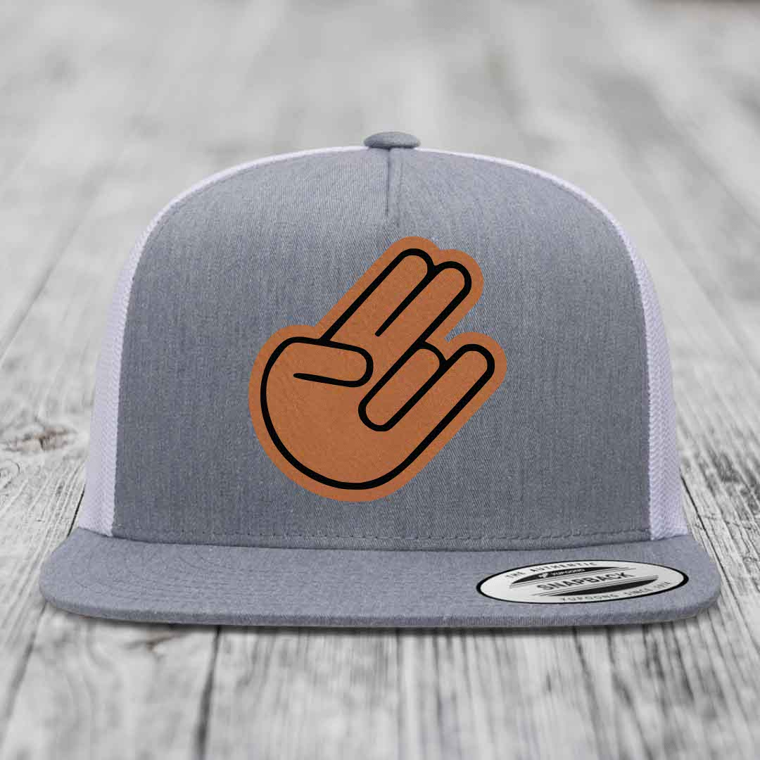 The Shocker - Leather Patch Hat - Rawhide to Black Patch - Yupoong 6006 Snapback Flatbill Hat