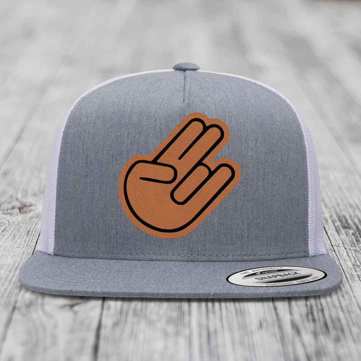 The Shocker - Leather Patch Hat - Rawhide to Black Patch - Yupoong 6006 Snapback Flatbill Hat