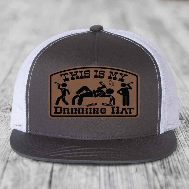 This Is My Drinking Hat - Leather Patch Hat - Dark Brown to Black Patch - Yupoong 6006 Snapback Flatbill Hat