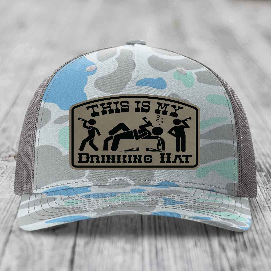 This Is My Drinking Hat - Leather Patch Hat - Light Brown to Black Patch - Richardson 112PFP Snapback Trucker Hat