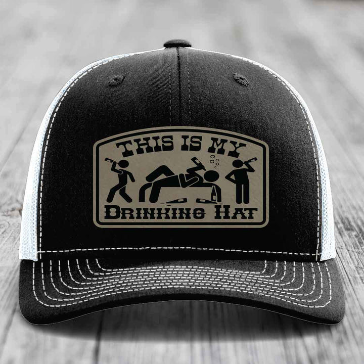 This Is My Drinking Hat - Leather Patch Hat - Light Brown to Black Patch - Richardson 112 Snapback Trucker Hat