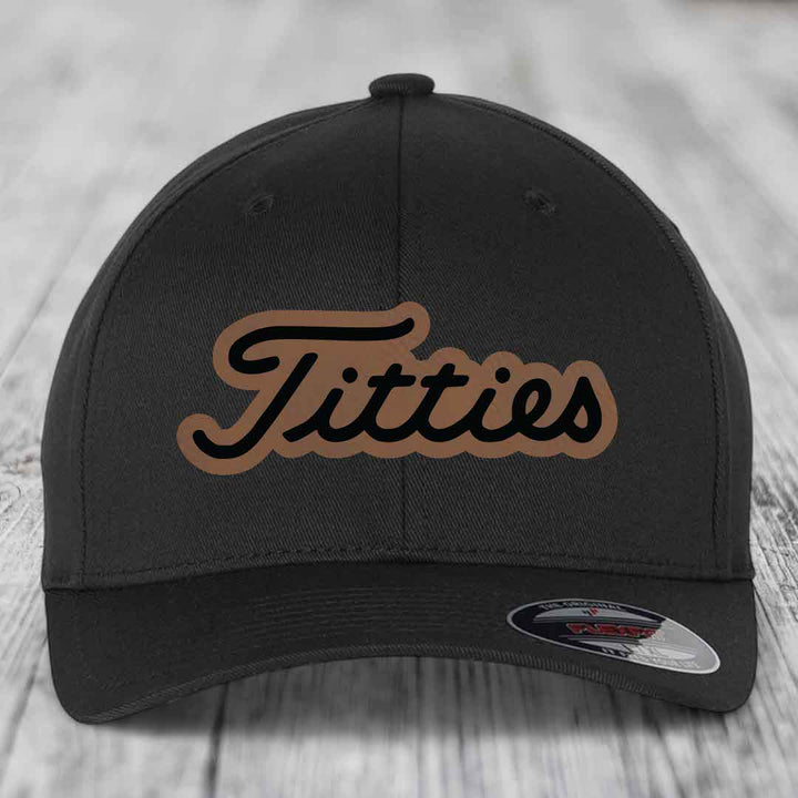 Titties - Leather Patch Hat - Dark Brown to Black Patch - Flexfit 6277 Fitted Hat