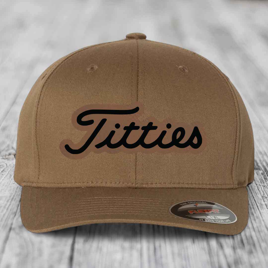 Titties - Leather Patch Hat - Dark Brown to Black Patch - Flexfit 6277 Fitted Hat