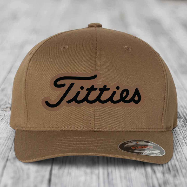 Titties - Leather Patch Hat - Dark Brown to Black Patch - Flexfit 6277 Fitted Hat