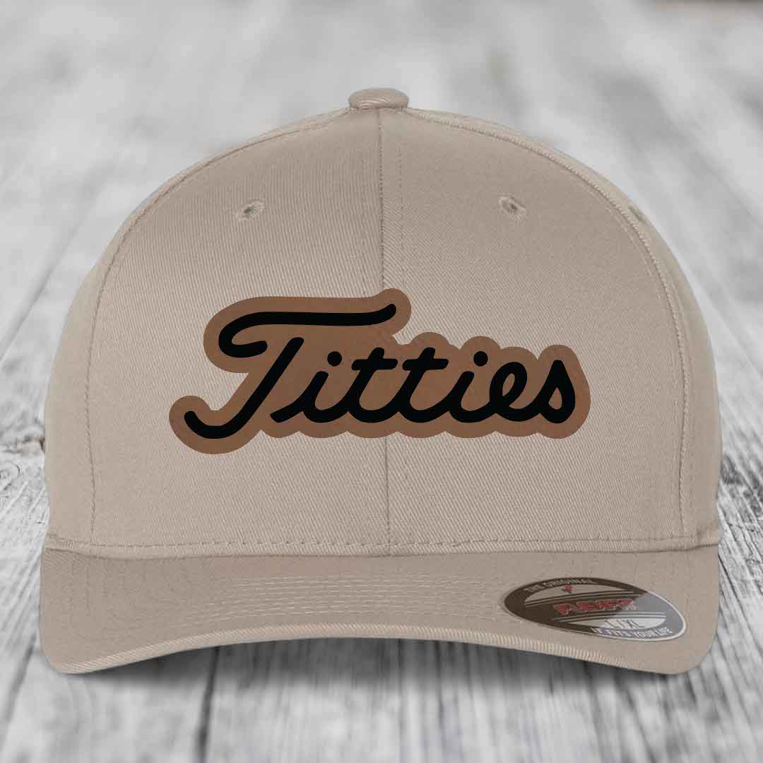Titties - Leather Patch Hat - Dark Brown to Black Patch - Flexfit 6277 Fitted Hat