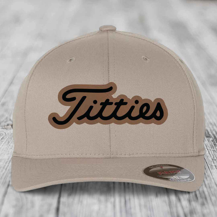 Titties - Leather Patch Hat - Dark Brown to Black Patch - Flexfit 6277 Fitted Hat