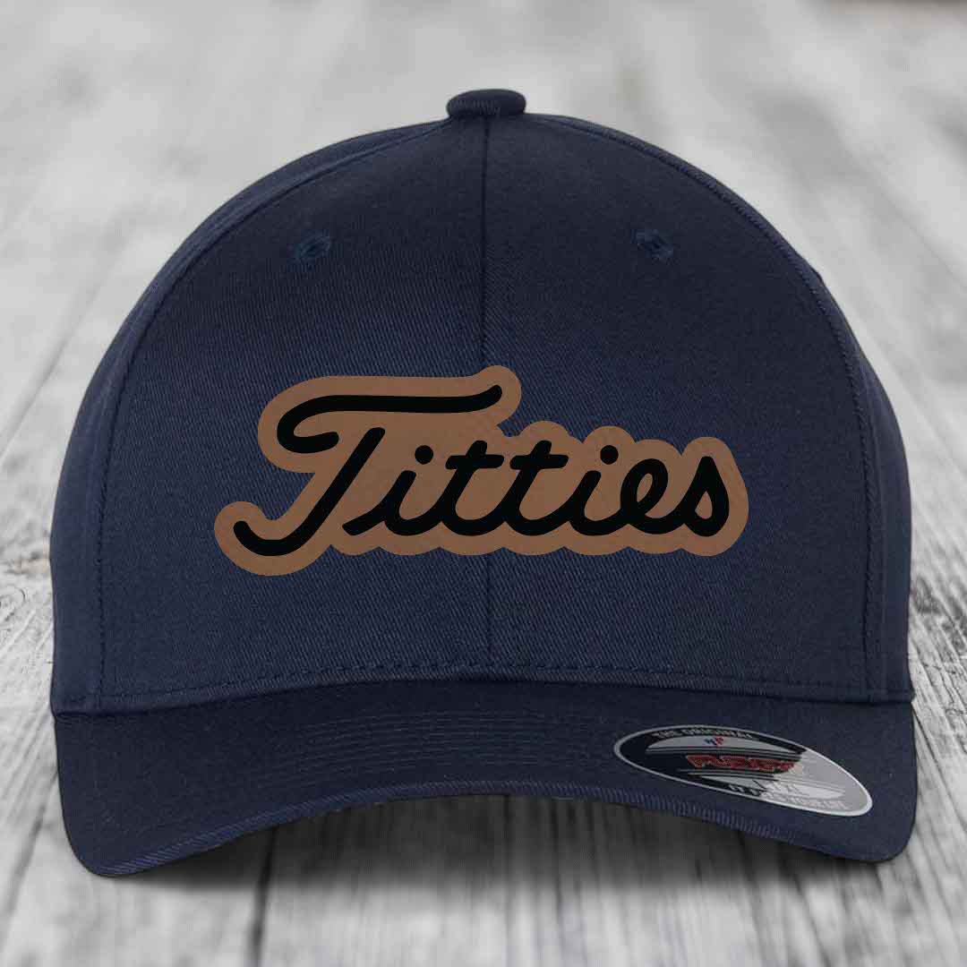 Titties - Leather Patch Hat - Dark Brown to Black Patch - Flexfit 6277 Fitted Hat